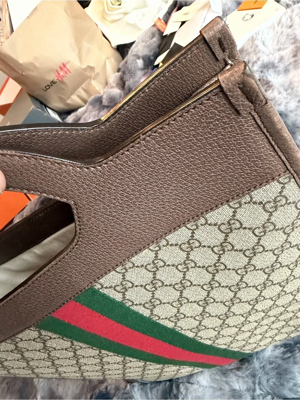Gucci Brown Monogram tote Bag with Green & Red Web